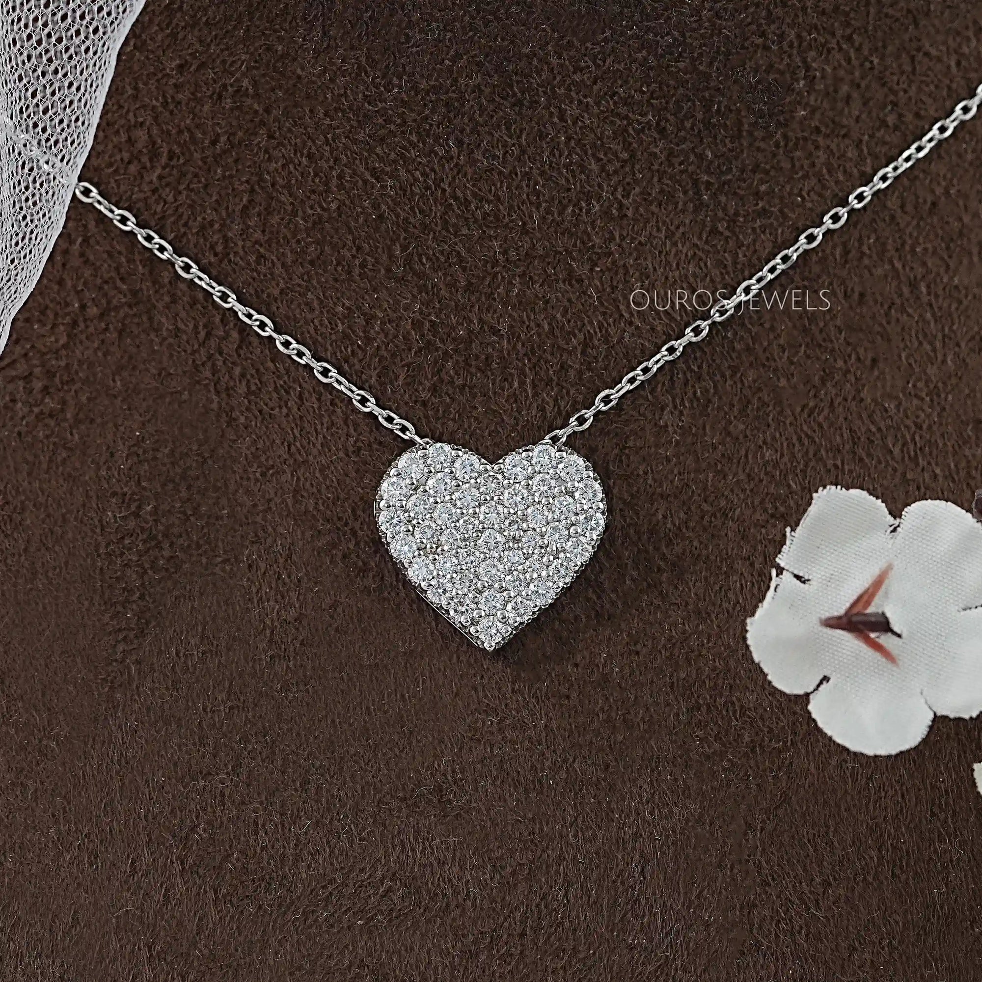 Heart Shape Round Diamond Pave Set Pendant Necklaces