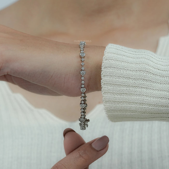 Heart And Round Diamond Bezel Set Bracelet