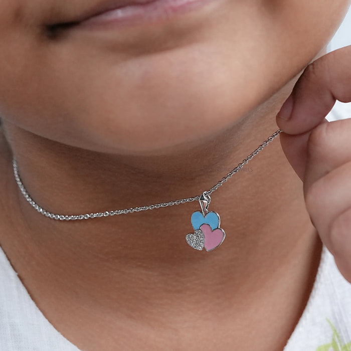 Colorful Triple Heart Tiny Round Diamond Pendant For Kids