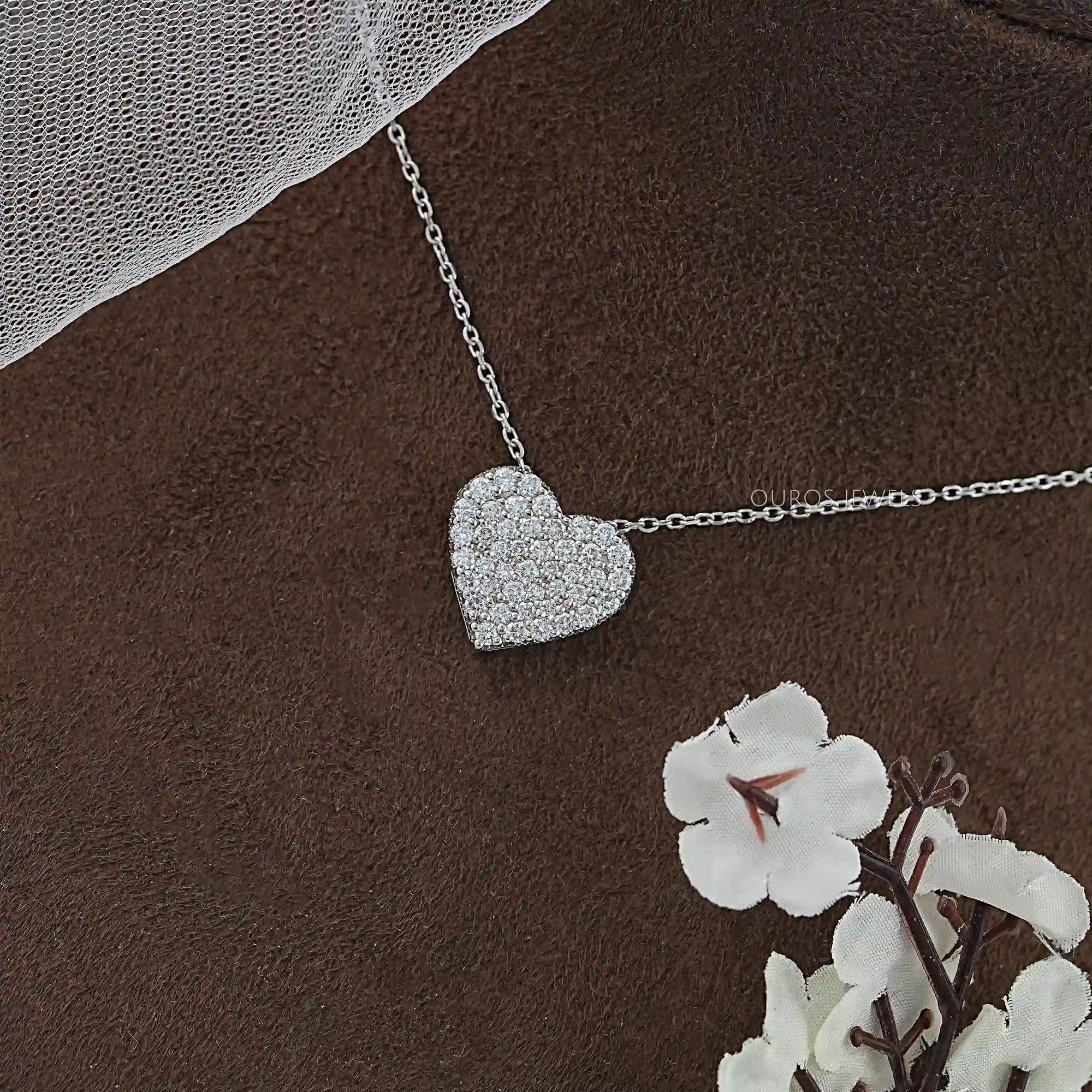Heart Shape Round Diamond Pave Set Pendant Necklaces