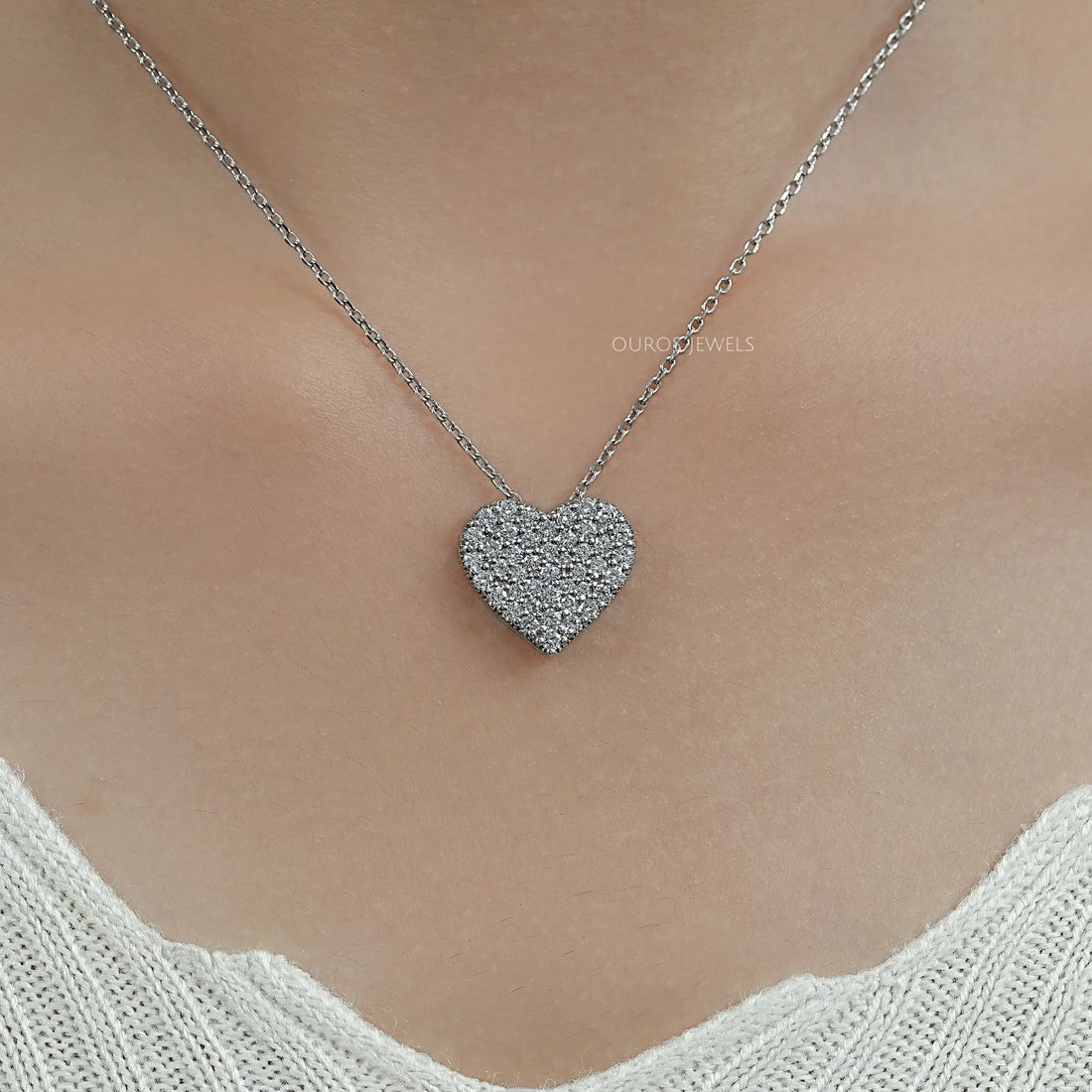 Heart Shape Round Diamond Pave Set Pendant Necklaces