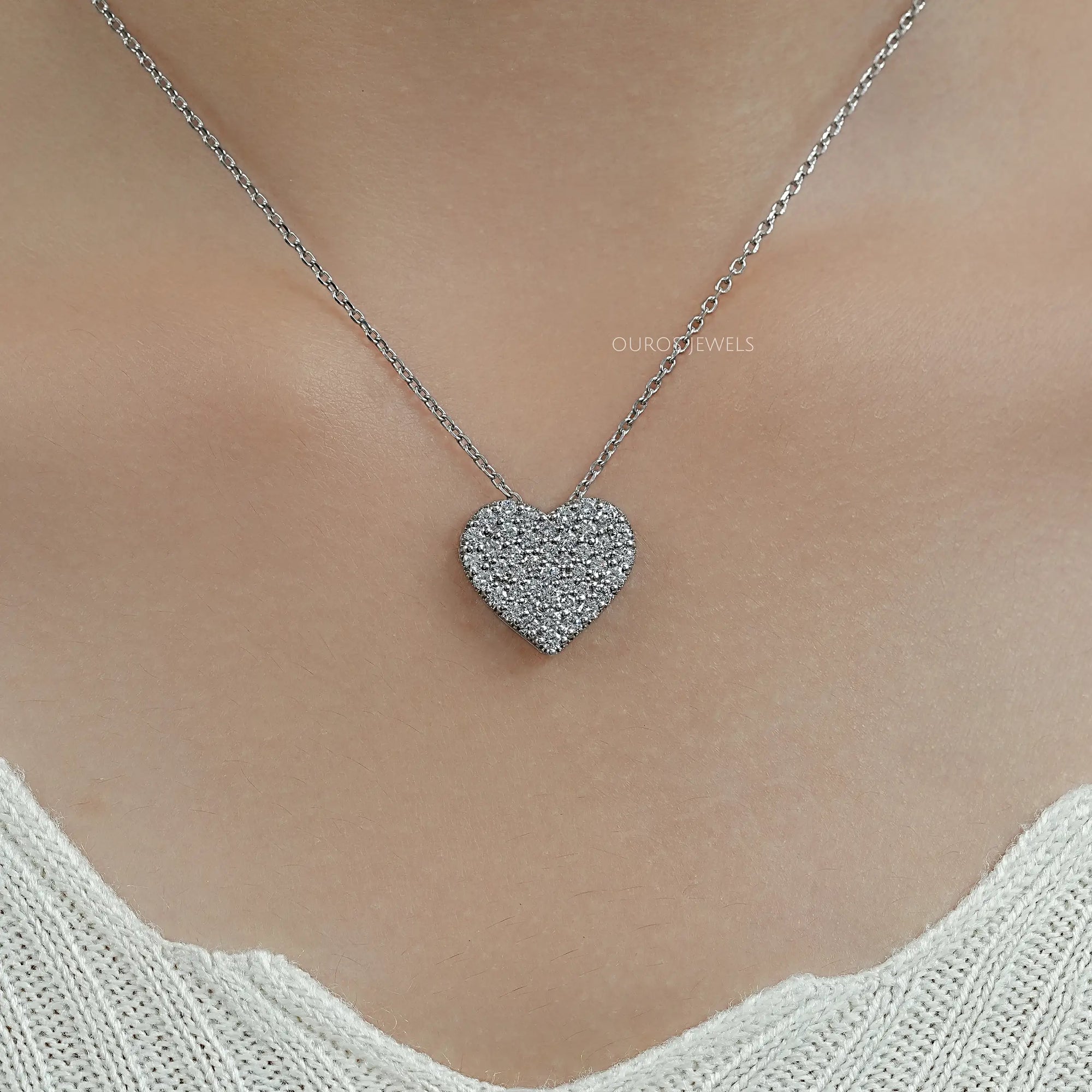 Heart Shape Round Diamond Pave Set Pendant Necklaces
