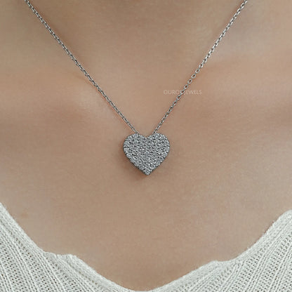 Heart Shape Round Diamond Pave Set Pendant Necklaces