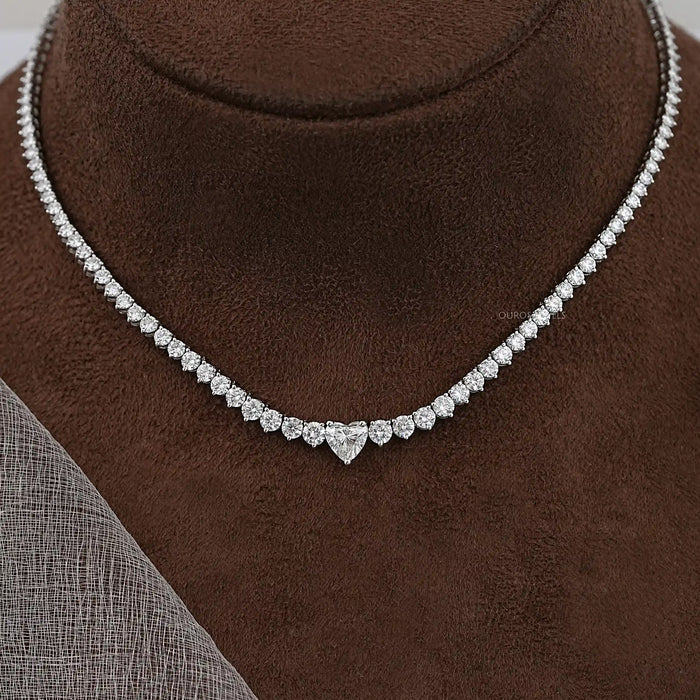 Heart And Round Cut Diamond Tennis Necklace