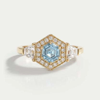 3 Stone Blue Hexagon Cut Halo Diamond Engagement Ring Ring