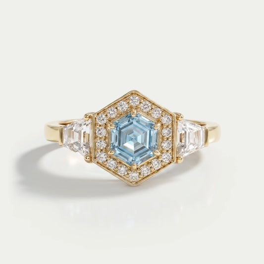 3 Stone Blue Hexagon Cut Halo Diamond Engagement Ring Ring