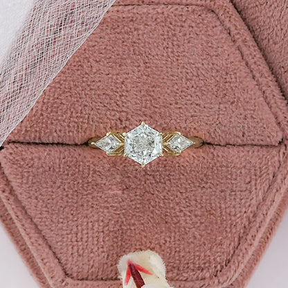 Three Stone Hexagon Cut Diamond Engagement Ring