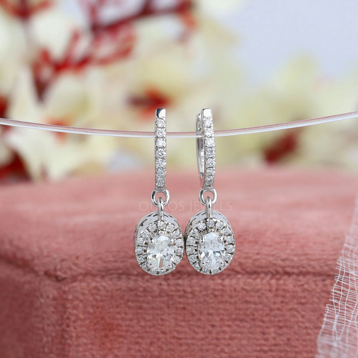 Oval Cut Lab Grown Diamond Halo Drop Earrings