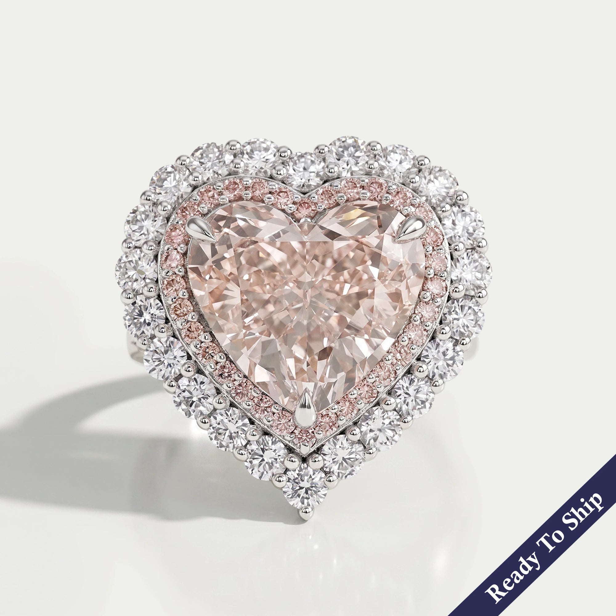 Pink Heart Cut Lab Diamond Double Halo Engagement Ring Ring