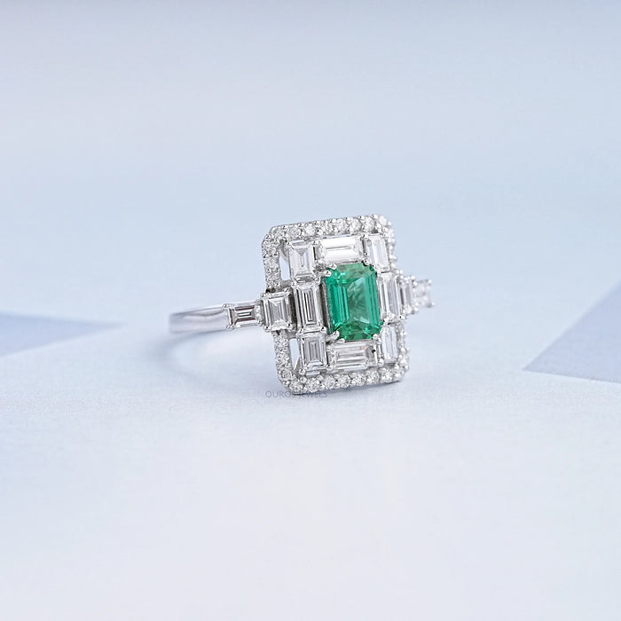 Green Emerald And Lab Diamond Halo Engagement Ring