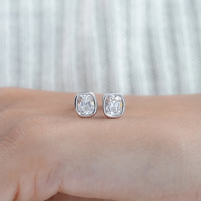 Old Mine Cushion Diamond Bezel Set Stud Earrings