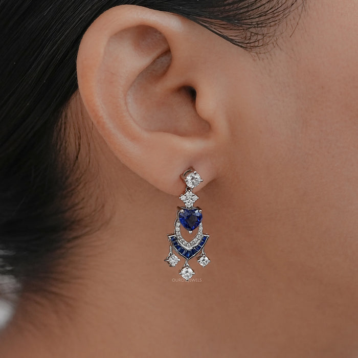 Sapphire Heart And Round Cut Cluster Drop Dangle Earrings