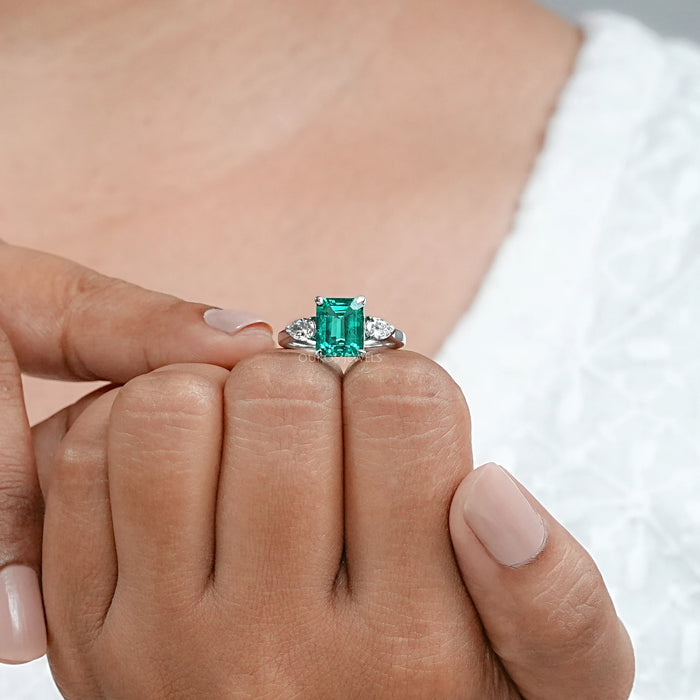 Three Stone Green Emerald Engagement Ring