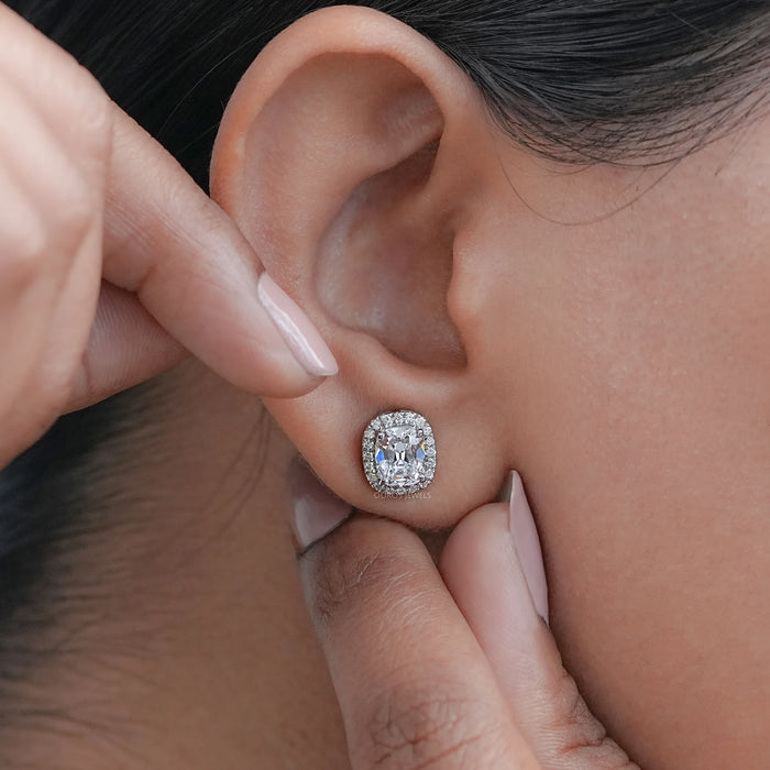 Cushion Cut Halo Stud Earrings With Old Mine