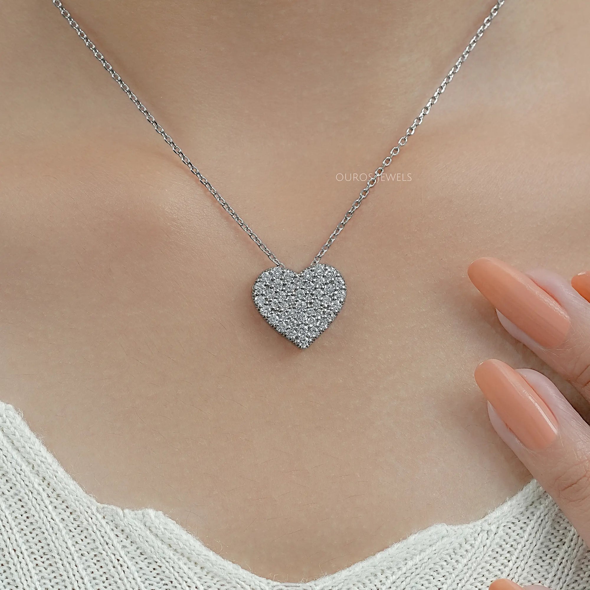 Heart Shape Round Diamond Pave Set Pendant Necklaces