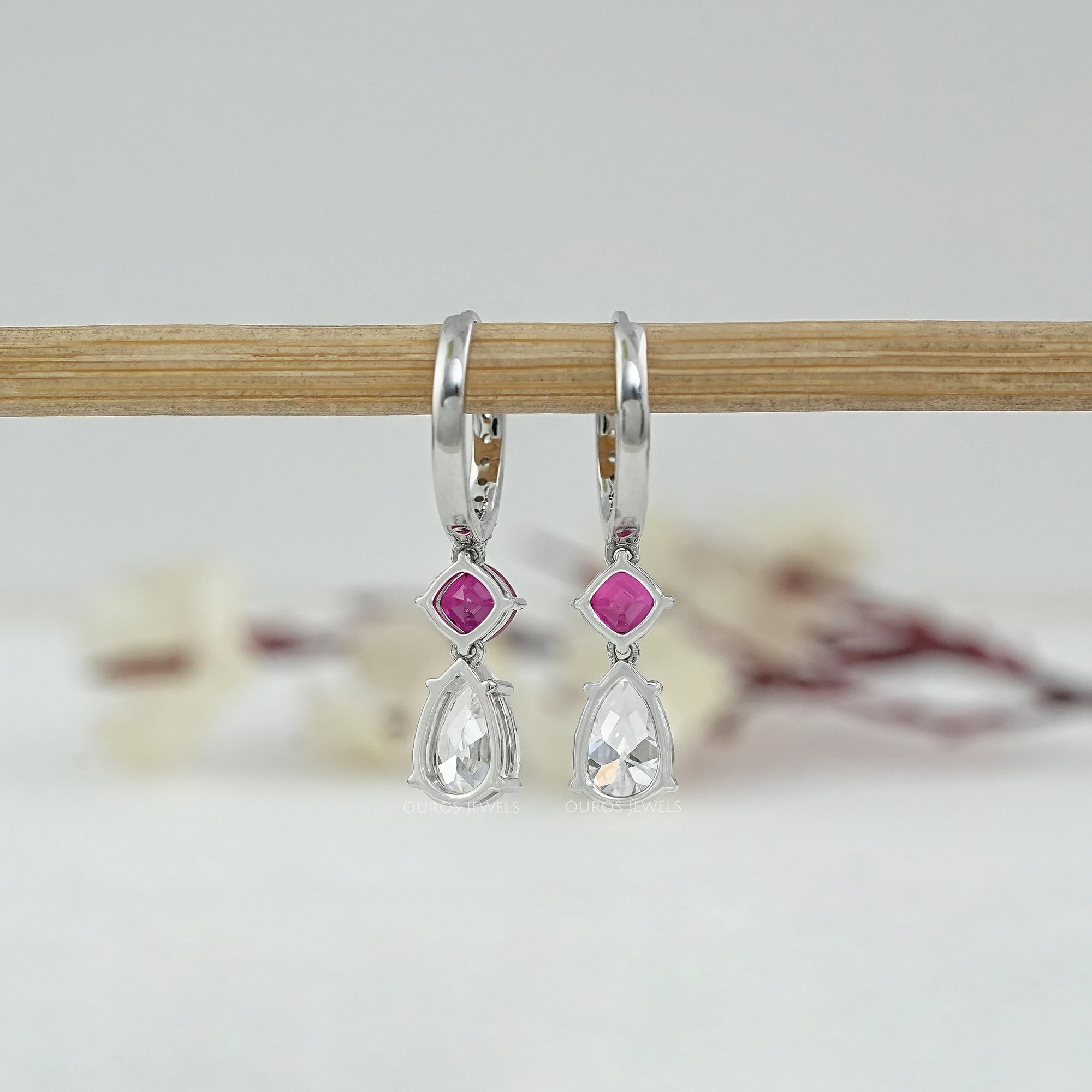 Old Mine Pear Diamond And Ruby Cushion Drop Hoop Earrings Earrings