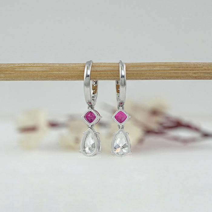 Old Mine Pear Diamond And Ruby Cushion Drop Hoop Earrings