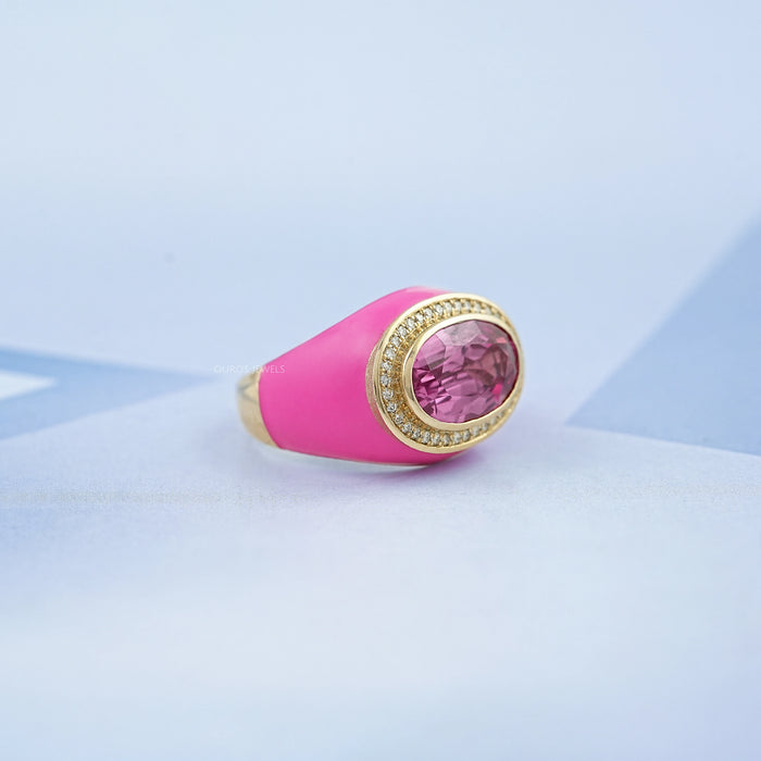 side view of east-west oval lab diamond pink topaz enamel cocktail ring
