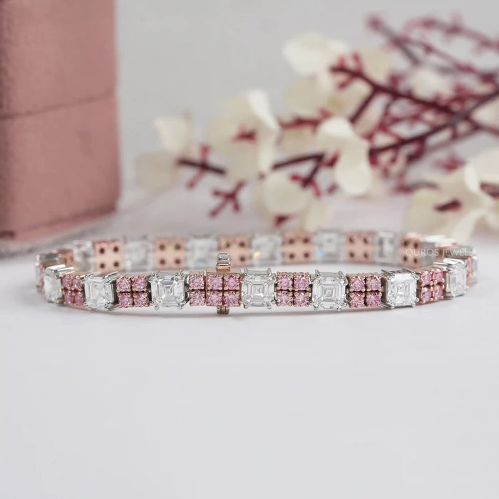 Asscher Diamond And Pink Round Tennis Bracelet