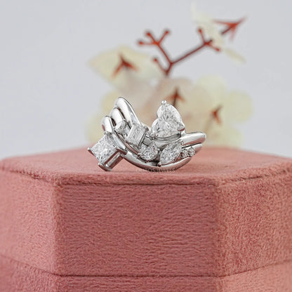Three Row Multi Shape Lab Diamond Wave Band Ring
