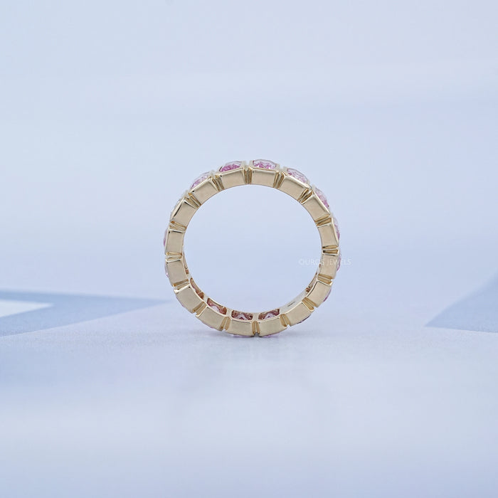 Sapphire Pink Emerald Cut Bezel Set Eternity Wedding Band
