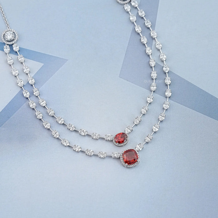 Double Layer Ruby Cushion And Oval Halo Tennis Necklace