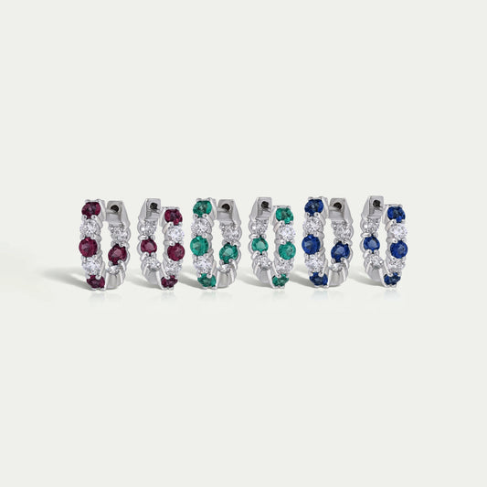 Multi Gemstone And Round Diamond In-Out Hoop Earrings