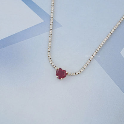Ruby Heart And Round Diamond Tennis Necklace Necklaces