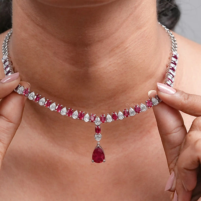 Ruby Pear And Oval Gemstone Necklace