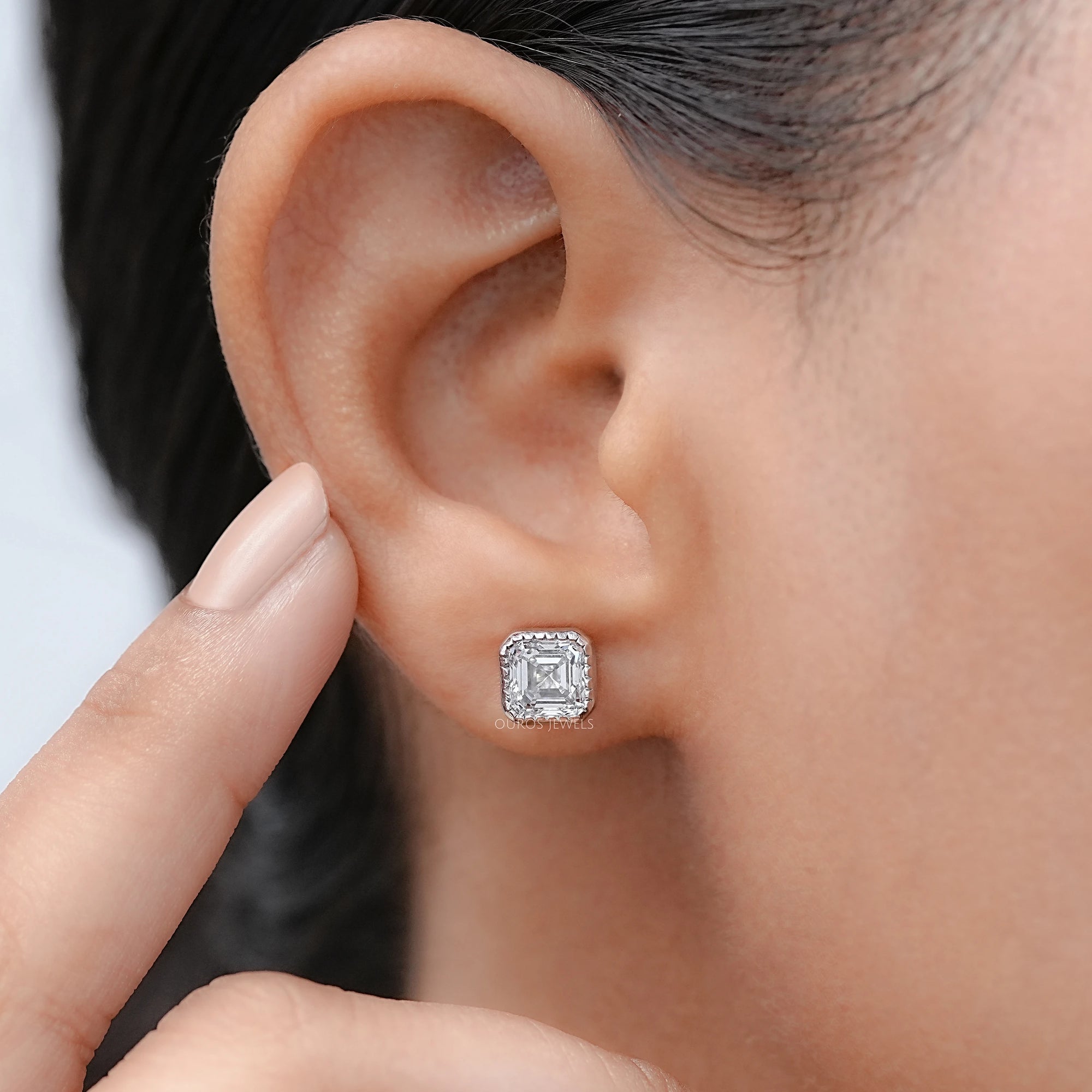 Milgrain Set Asscher Lab Diamond Stud Earrings Earrings
