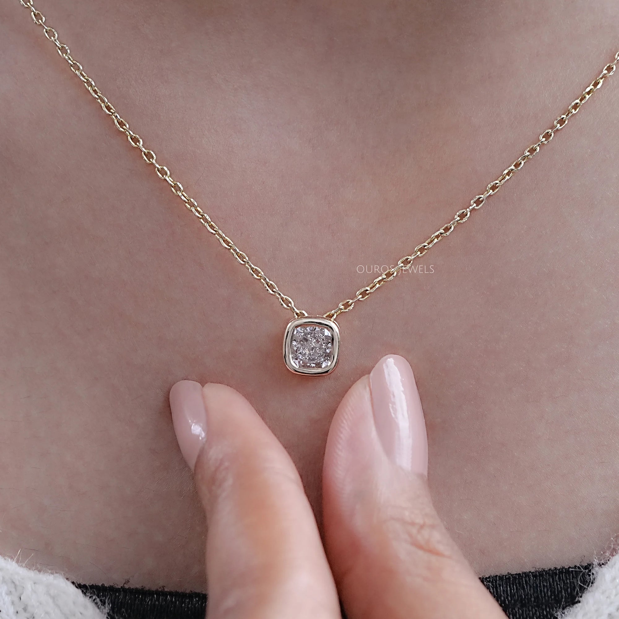 Square Cushion Diamond Bezel Set Solitaire Pendant Necklaces