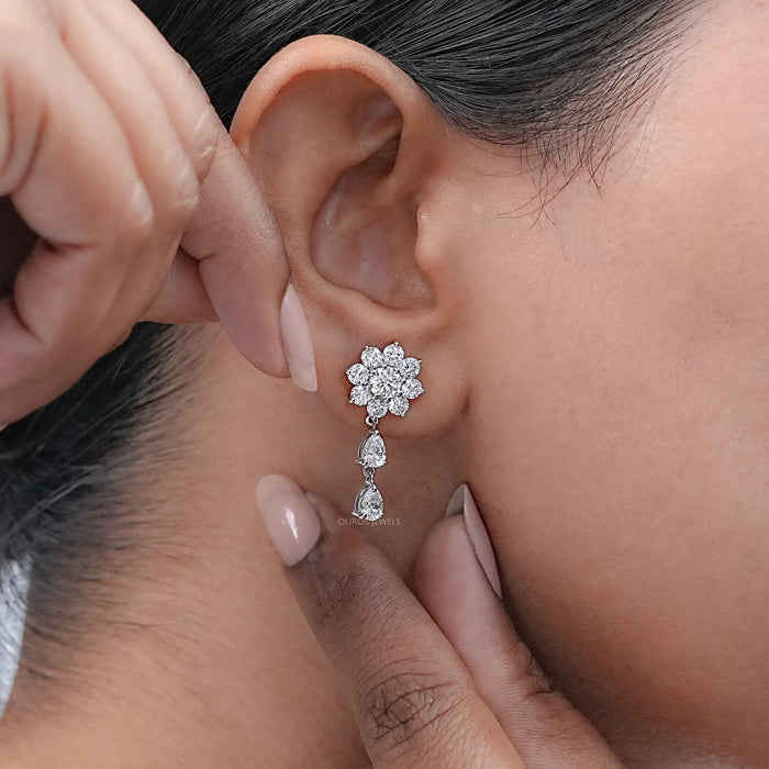 Round Cut Diamond Flower Drop Earrings