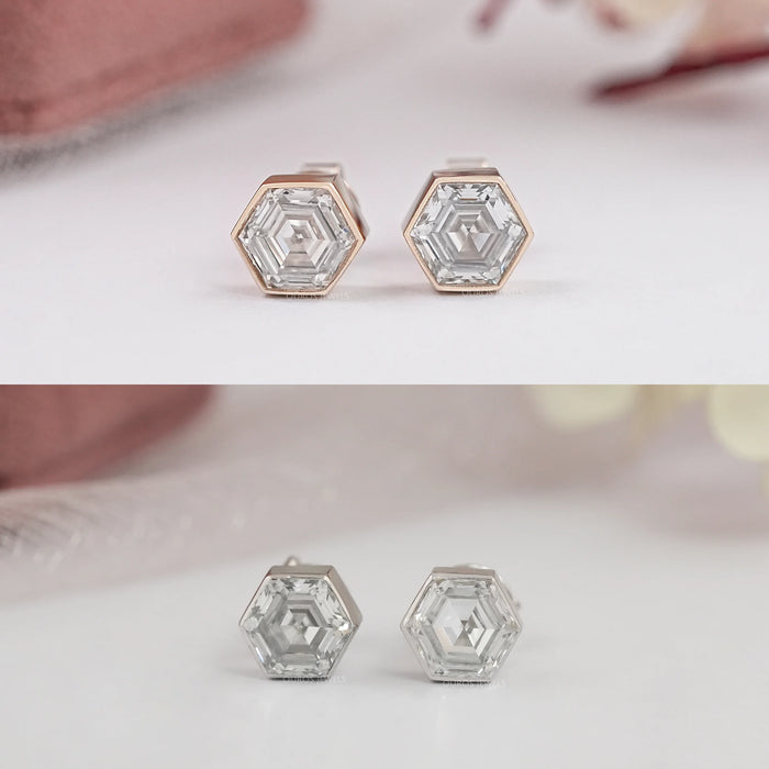 Hexagon Cut Bezel Set Stud Earrings