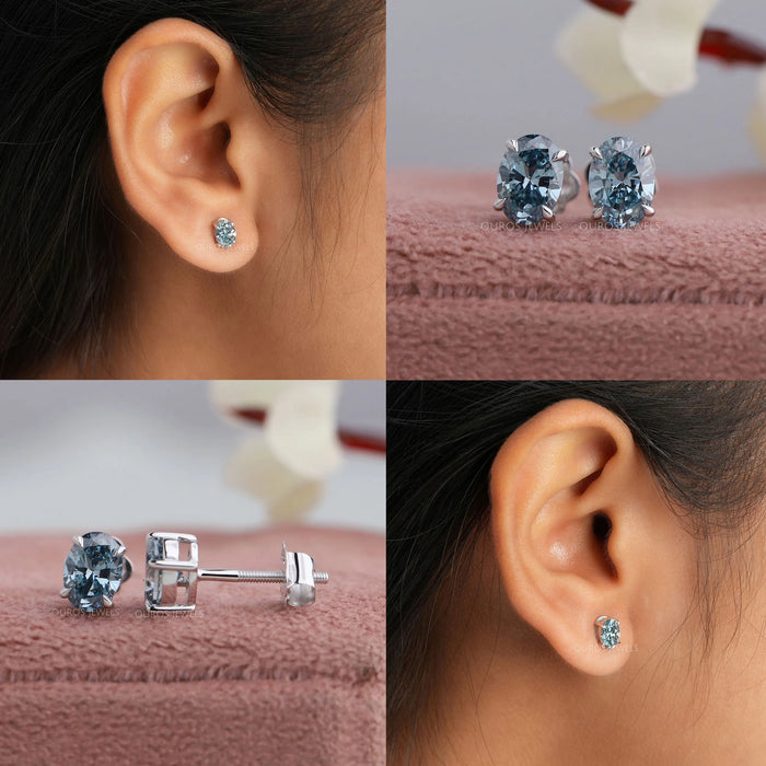 Oval Cut Diamond Stud Earrings In Blue