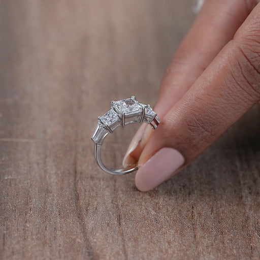 side view of princess cut lab grown diamond five stone engagement ring