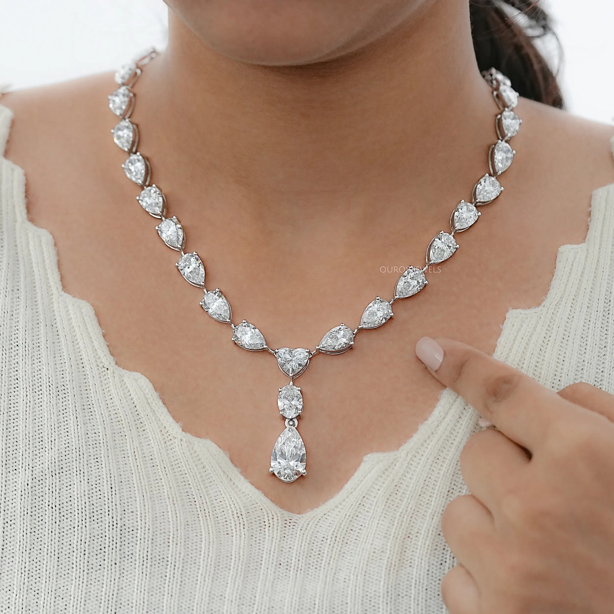 Pear And Heart Lab Diamond Lariat Drop Necklace