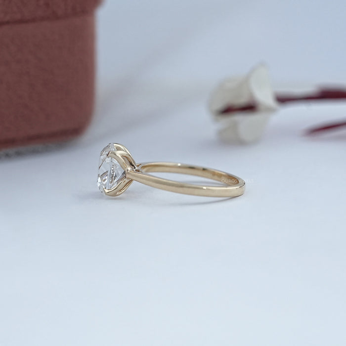 side view of old mine cushion cut lab diamond petal solitaire engagement ring