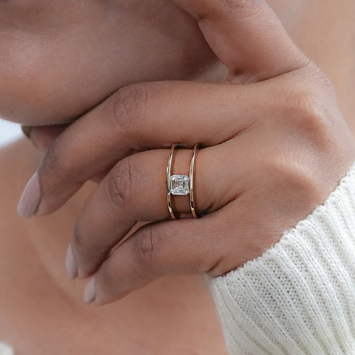 Asscher Lab Diamond Double Band Solitaire Ring