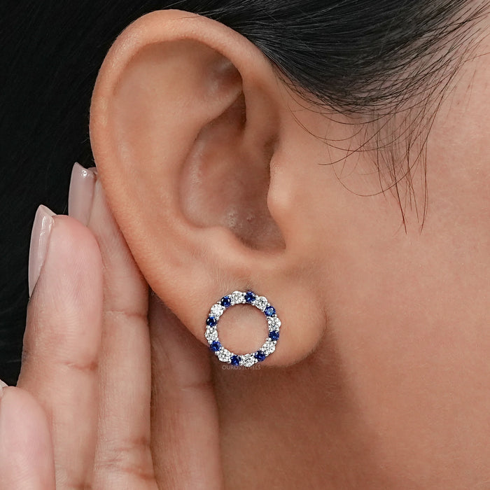Blue Sapphire Gemstone Circle Stud Earrings