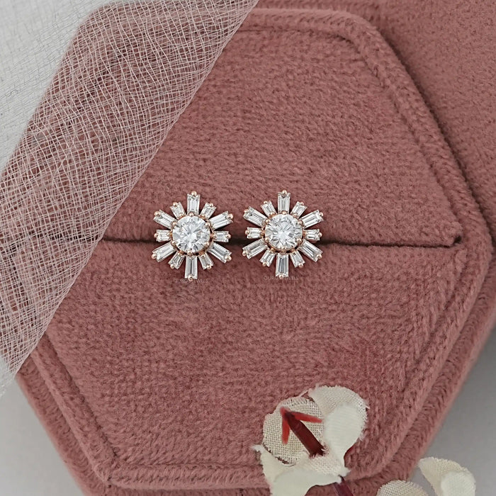 Tapered Baguette Diamond Stud Earrings With Round Cut