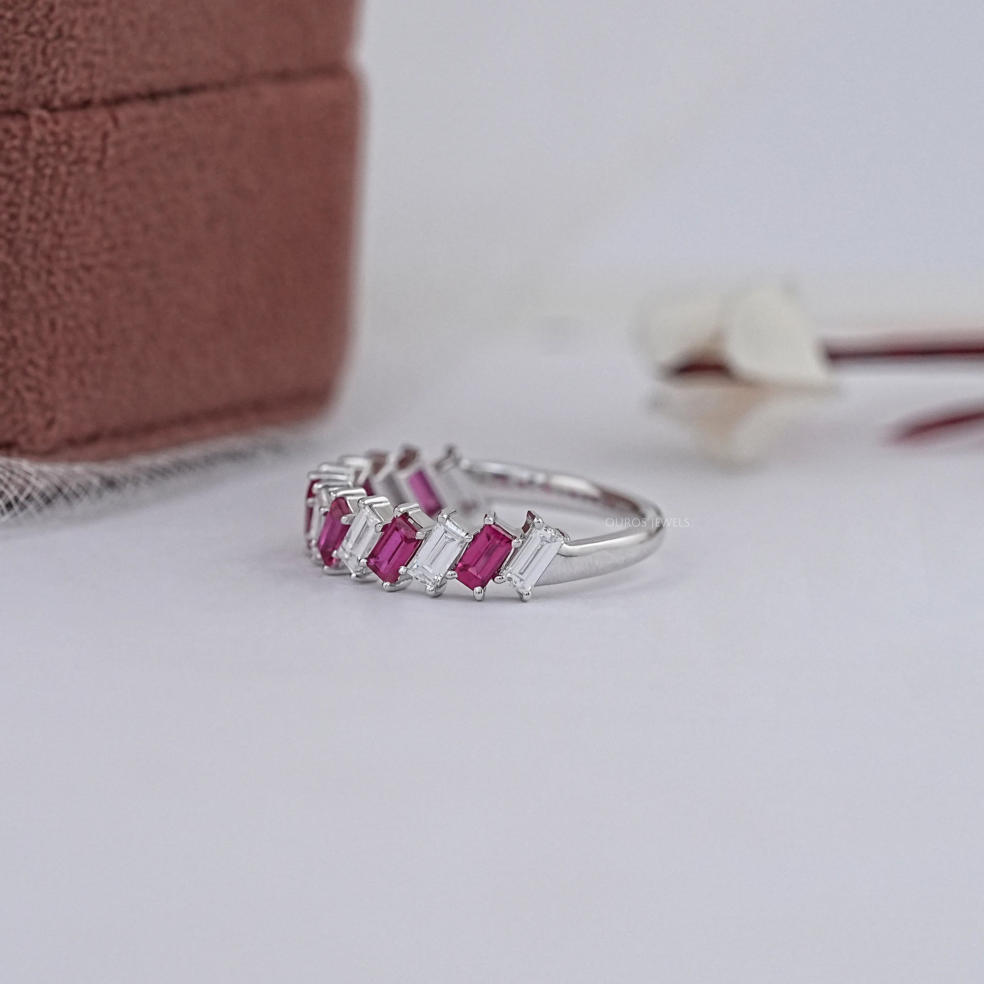 Ruby Baguette Gemstone Half Eternity Wedding Band Rings