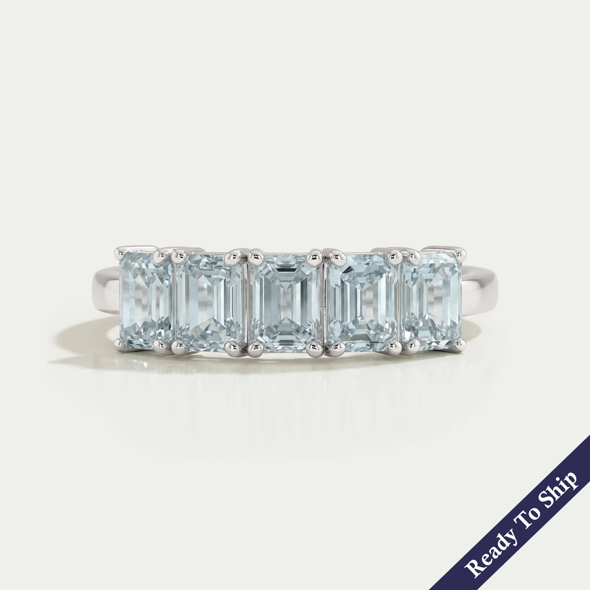 Five Stone Light Blue Emerald Cut Wedding Ring