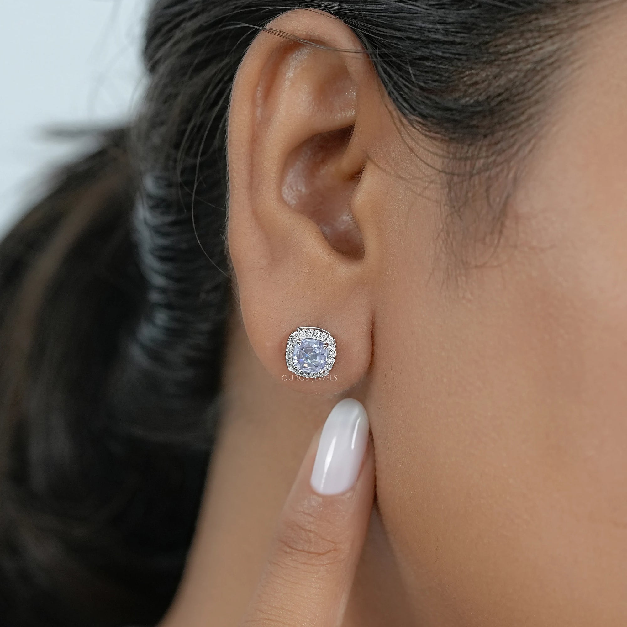 Light Purple Square Cushion Halo Stud Earrings Earring
