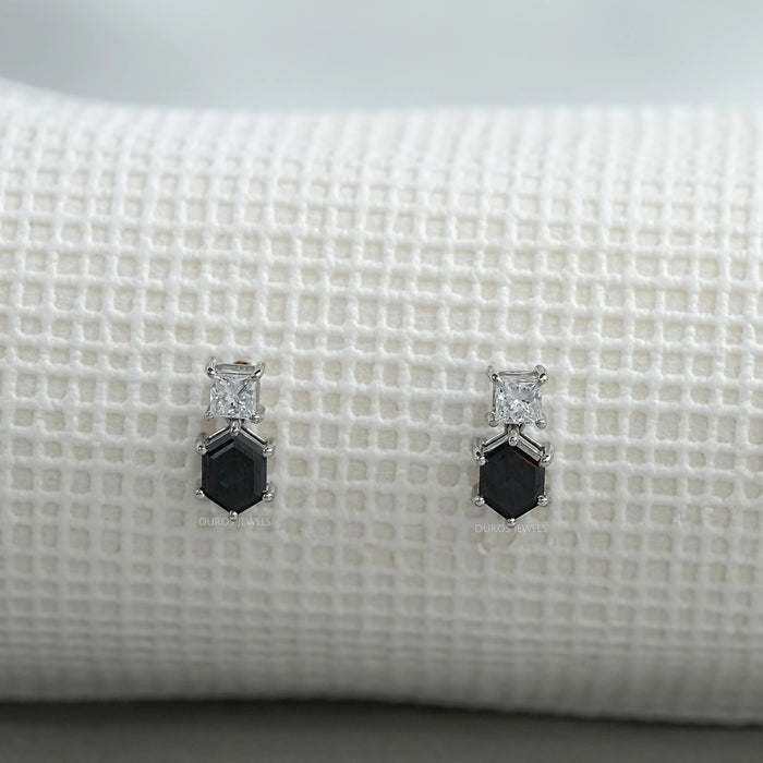 Hexagon Black Diamond Dangle Earrings