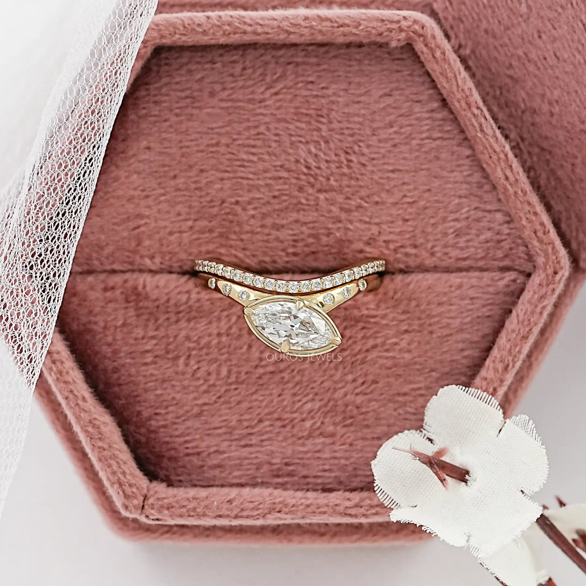 East West Old Mine Marquise Cut Curved Bridal Ring Set