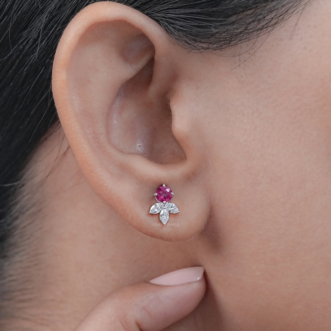 Ruby Round And Marquise Lab Diamond Stud Earrings Earrings
