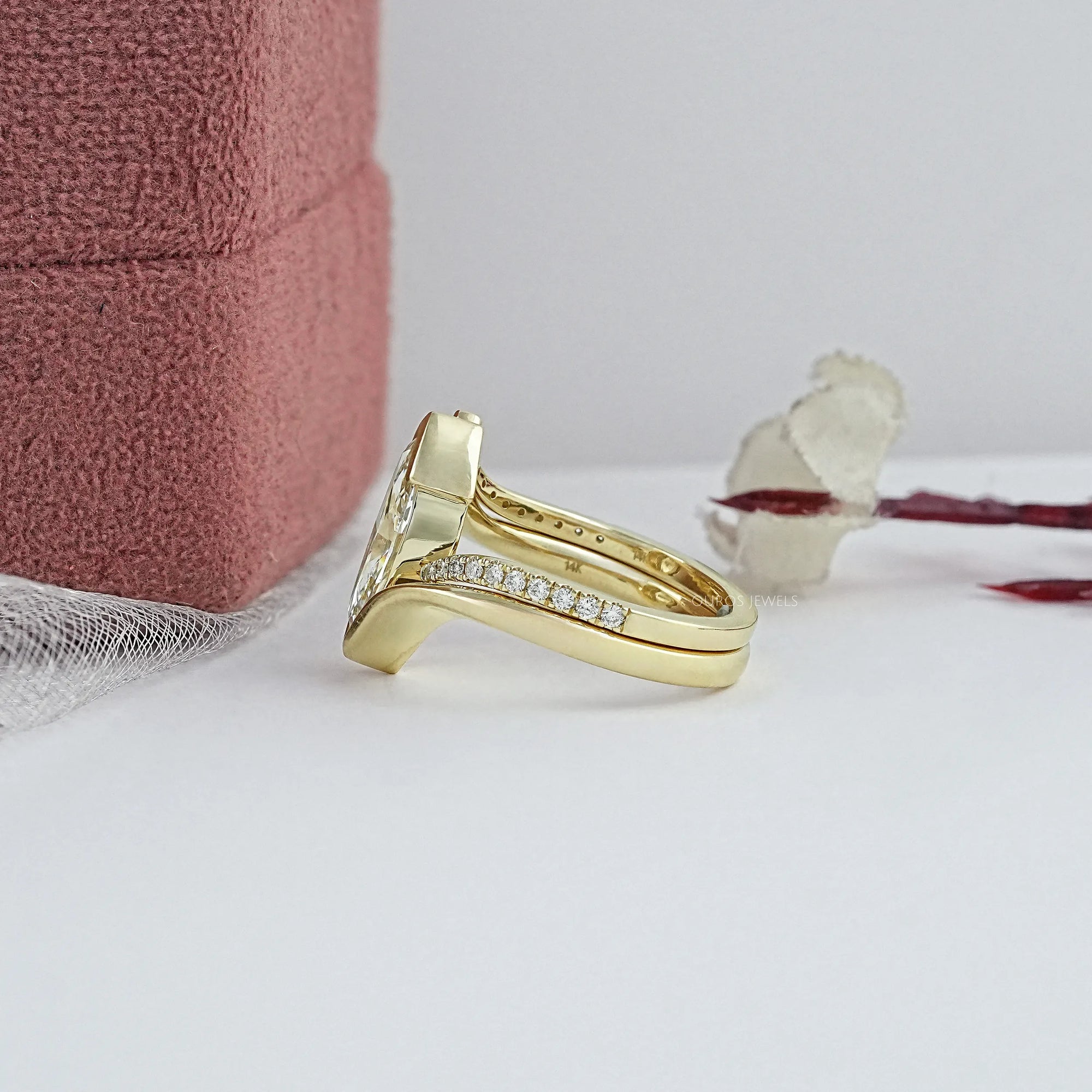 Half Bezel Marquise Lab Diamond Curved Ring Set Rings