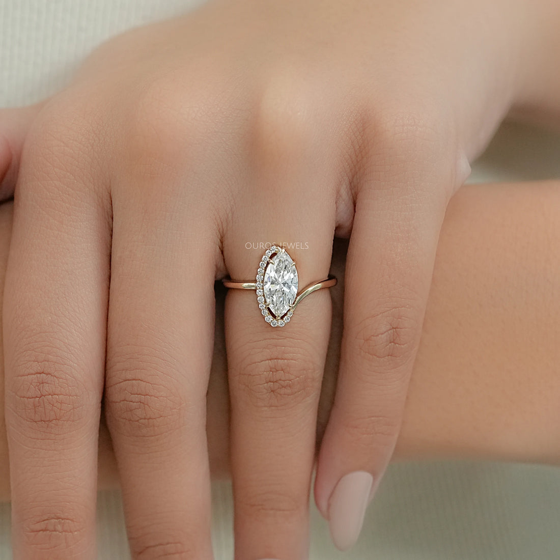 Marquise Lab Diamond Half Halo Bypass Ring Ring
