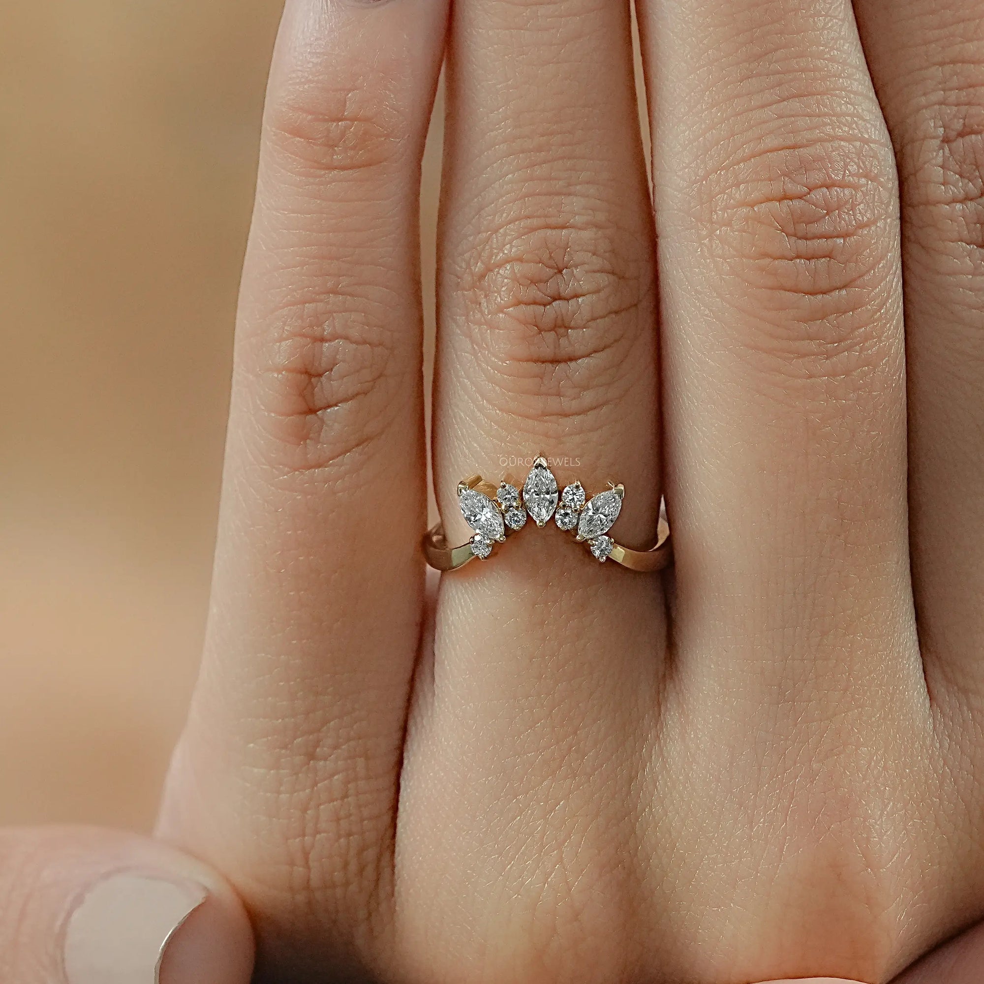 Marquise And Round Diamond Curved Dainty Ring Ring