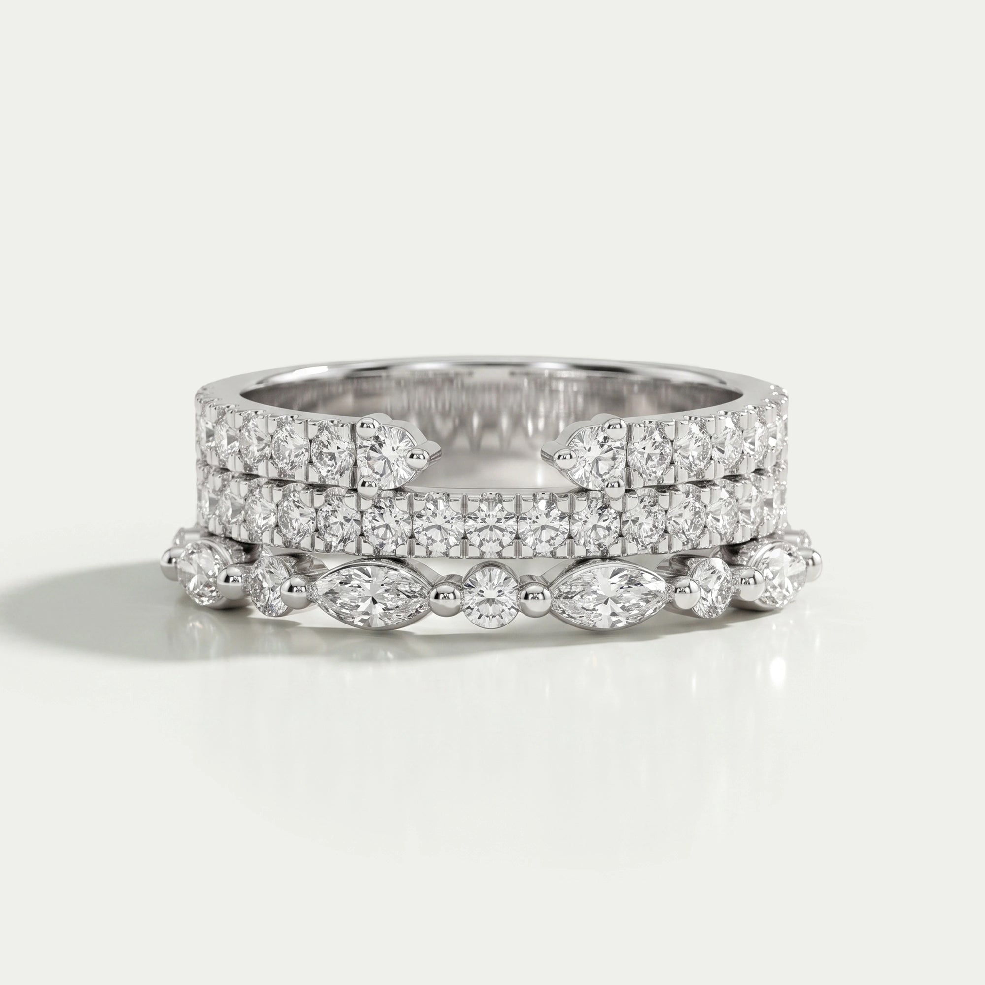 Three Row Round and Marquise Cut Half Eternity Band Rings